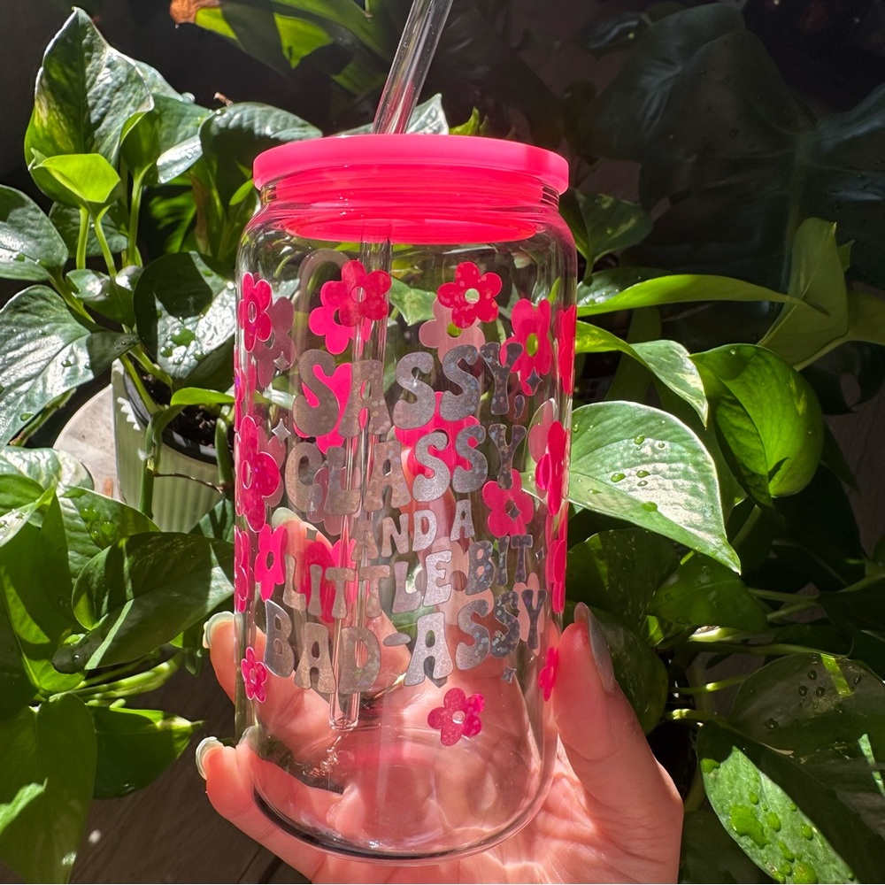 Pink Floral Glass Tumbler with Straw 16oz